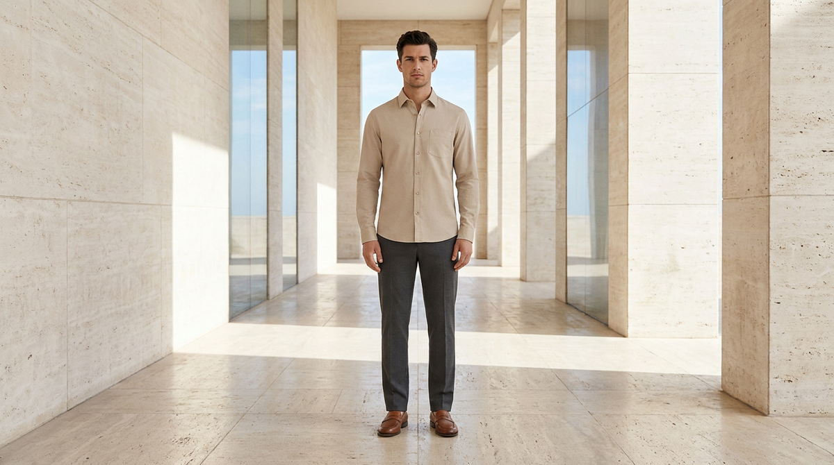 AI-generated menswear illustration for full-body framing and crop planning
