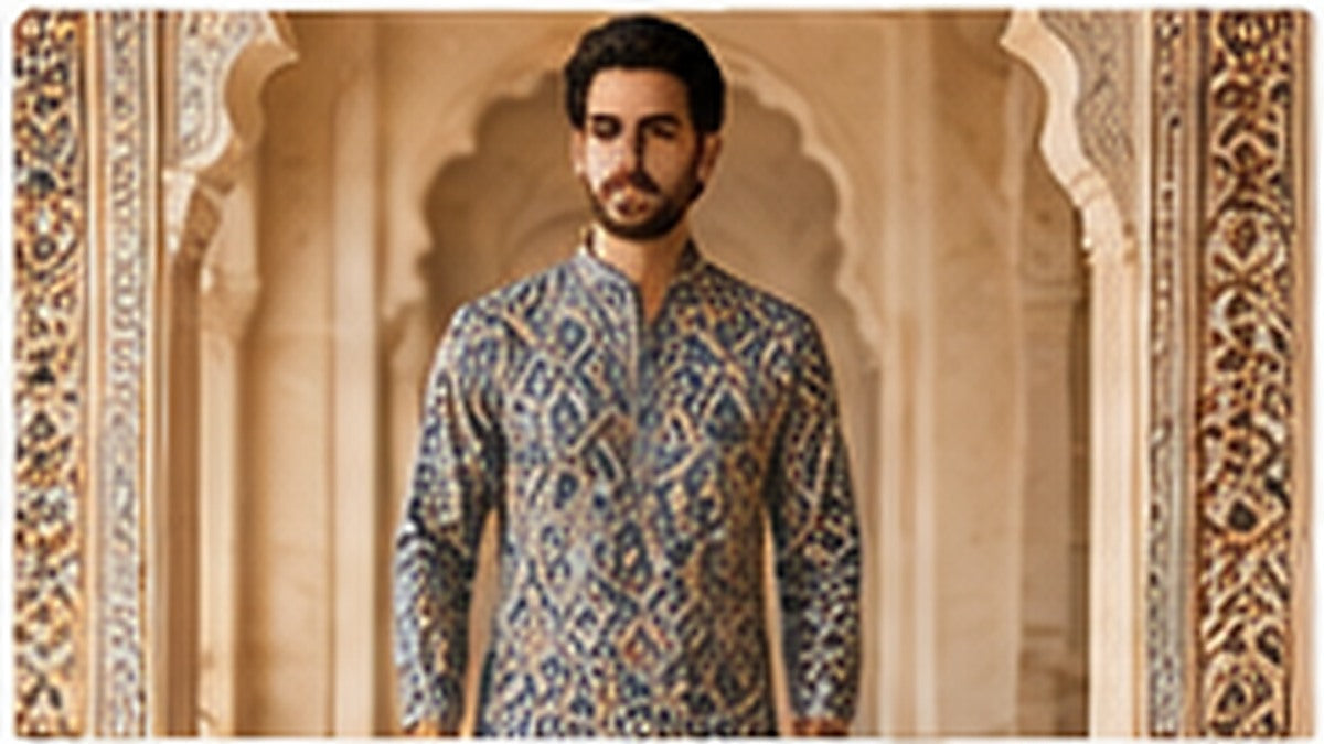 AI-generated editorial illustration for men’s kurta design prompt ideas