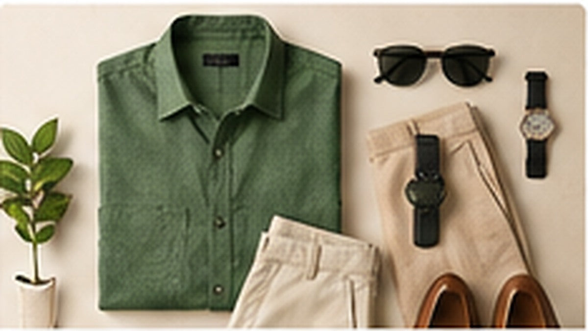 AI-generated editorial illustration for men’s outfit flat-lay prompt ideas