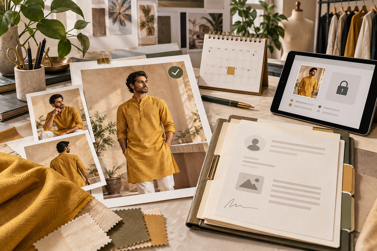 AI-generated illustration of a fashion campaign photograph linked to permissions records and a calendar.