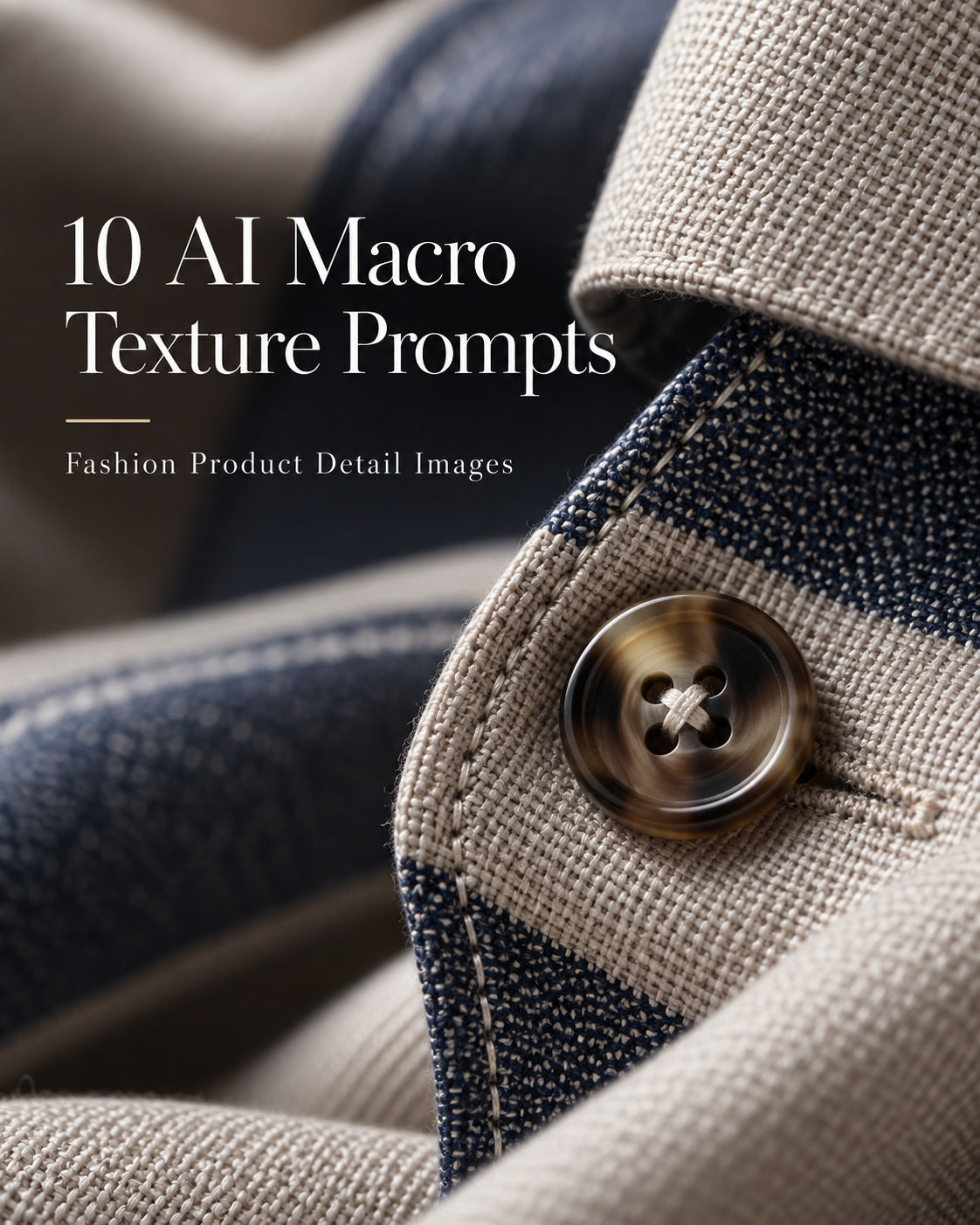 AI-generated close-up of beige and navy fabric, stitching and a brown button, titled 10 AI Macro Texture Prompts.