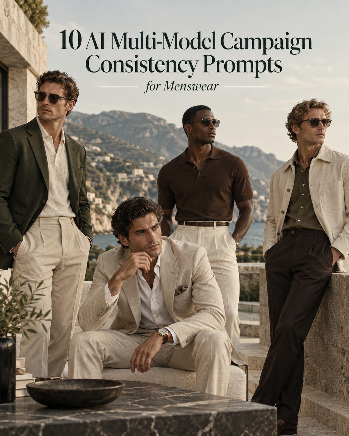 AI-generated cover showing four models in coordinated neutral menswear, titled 10 AI Multi-Model Campaign Consistency Prompts for Menswear.