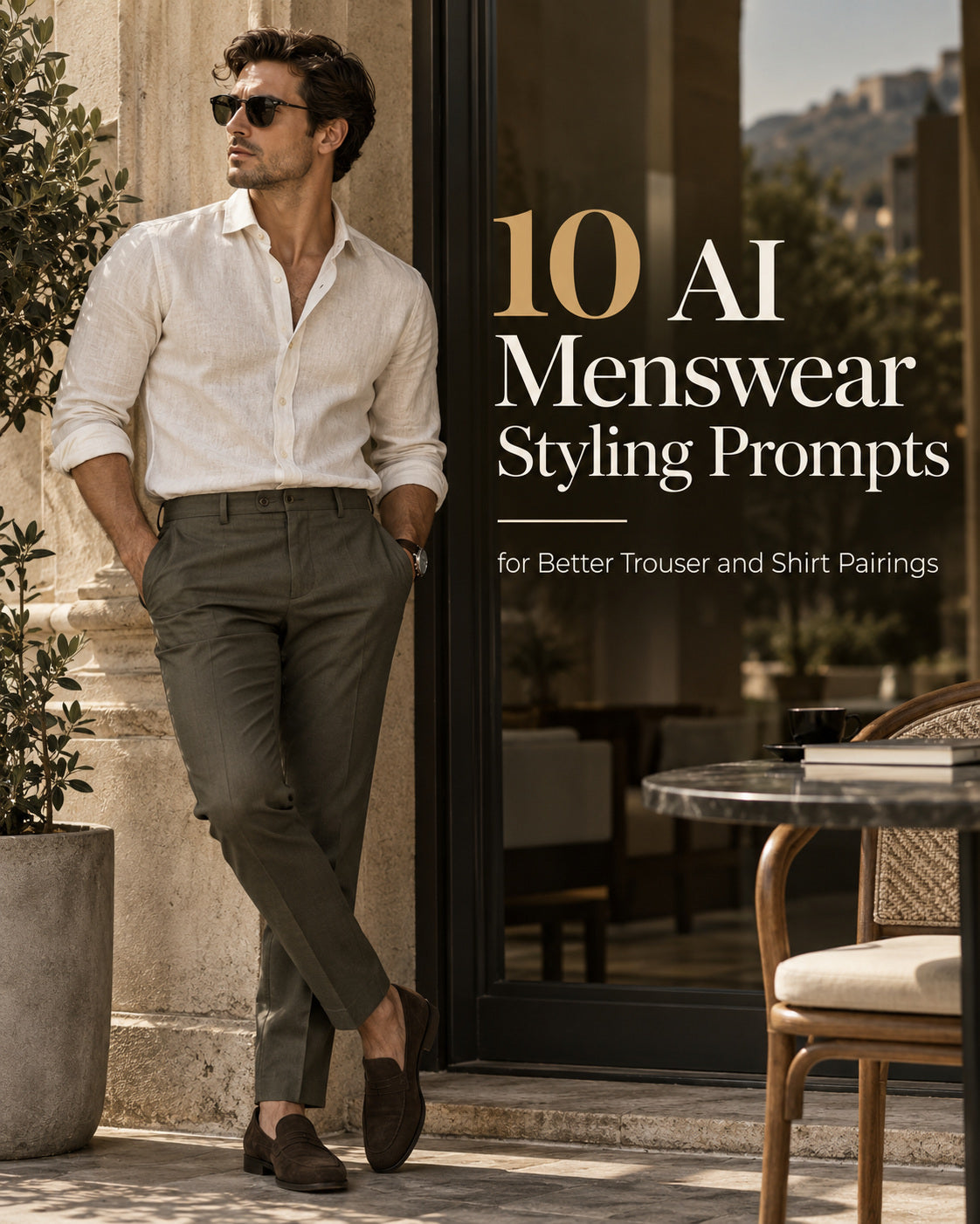 AI-generated model in a white shirt and olive trousers, with the title 10 AI Menswear Styling Prompts for Better Trouser and Shirt Pairings.