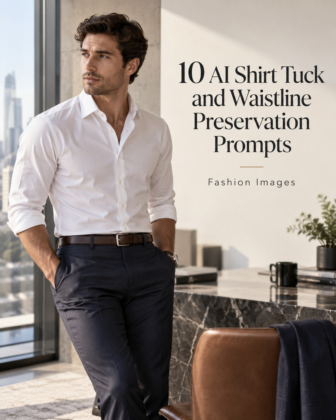 AI-generated cover showing a white shirt tucked into navy trousers, with the title 10 AI Shirt Tuck and Waistline Preservation Prompts.
