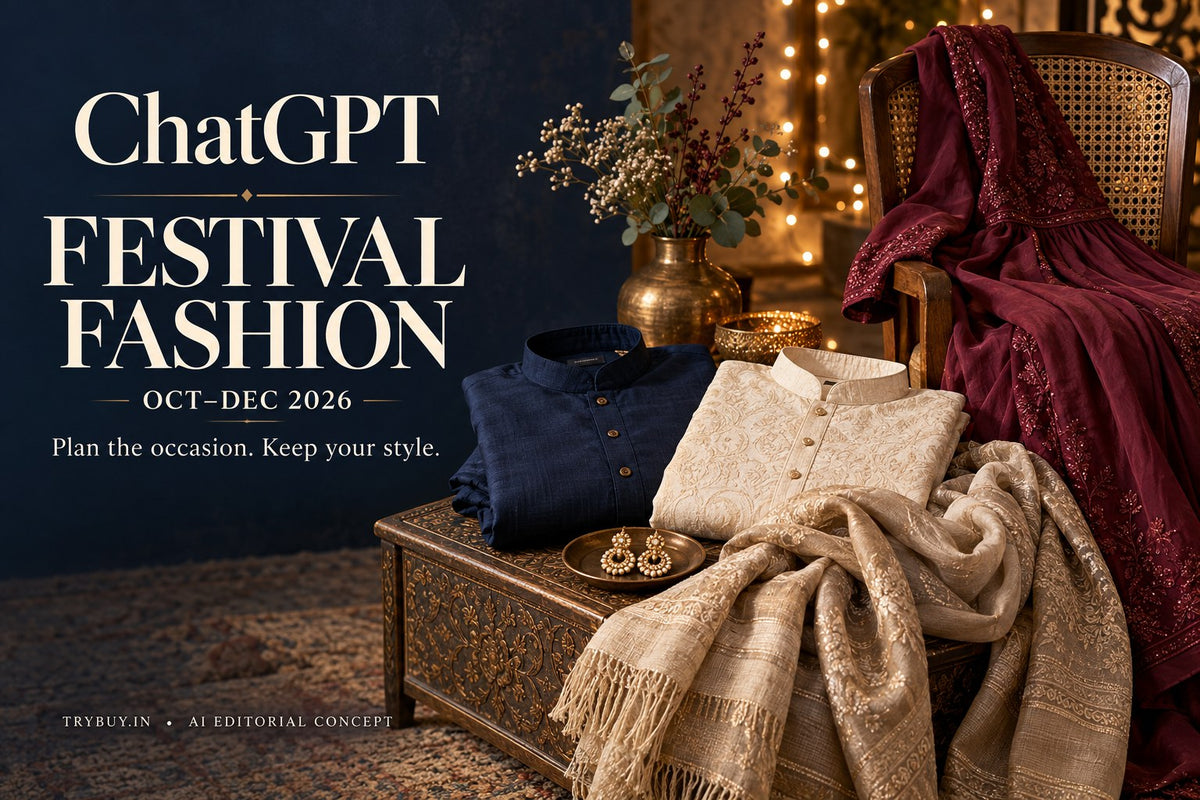 AI-generated festive clothing still life beside ChatGPT Festival Fashion Oct–Dec 2026 text.