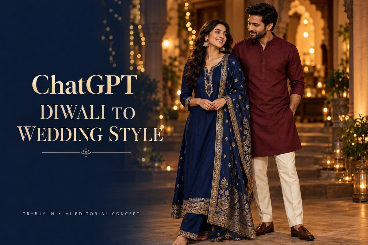 AI-generated adult couple in navy and wine festive outfits beside ChatGPT Diwali to Wedding Style.