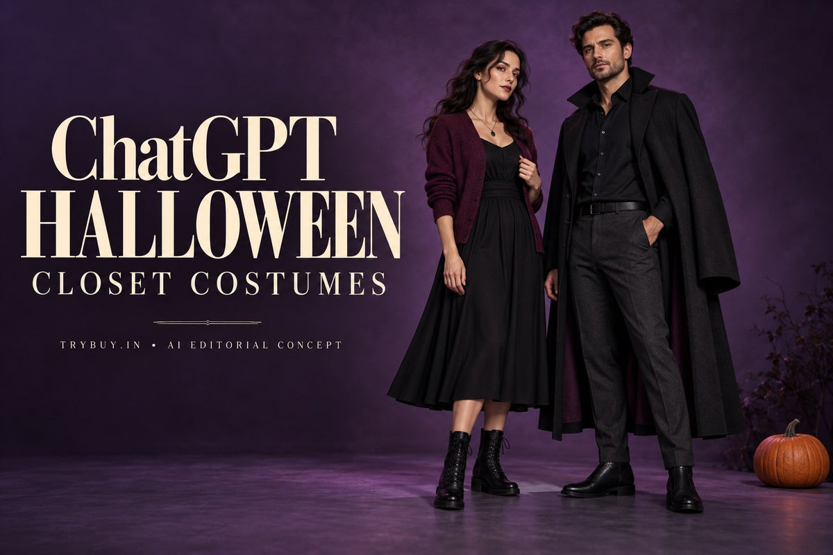 IA-generated adults in dark ordinary clothes styled as original Halloween concepts, with ChatGPT Halloween Closet Costumes text.