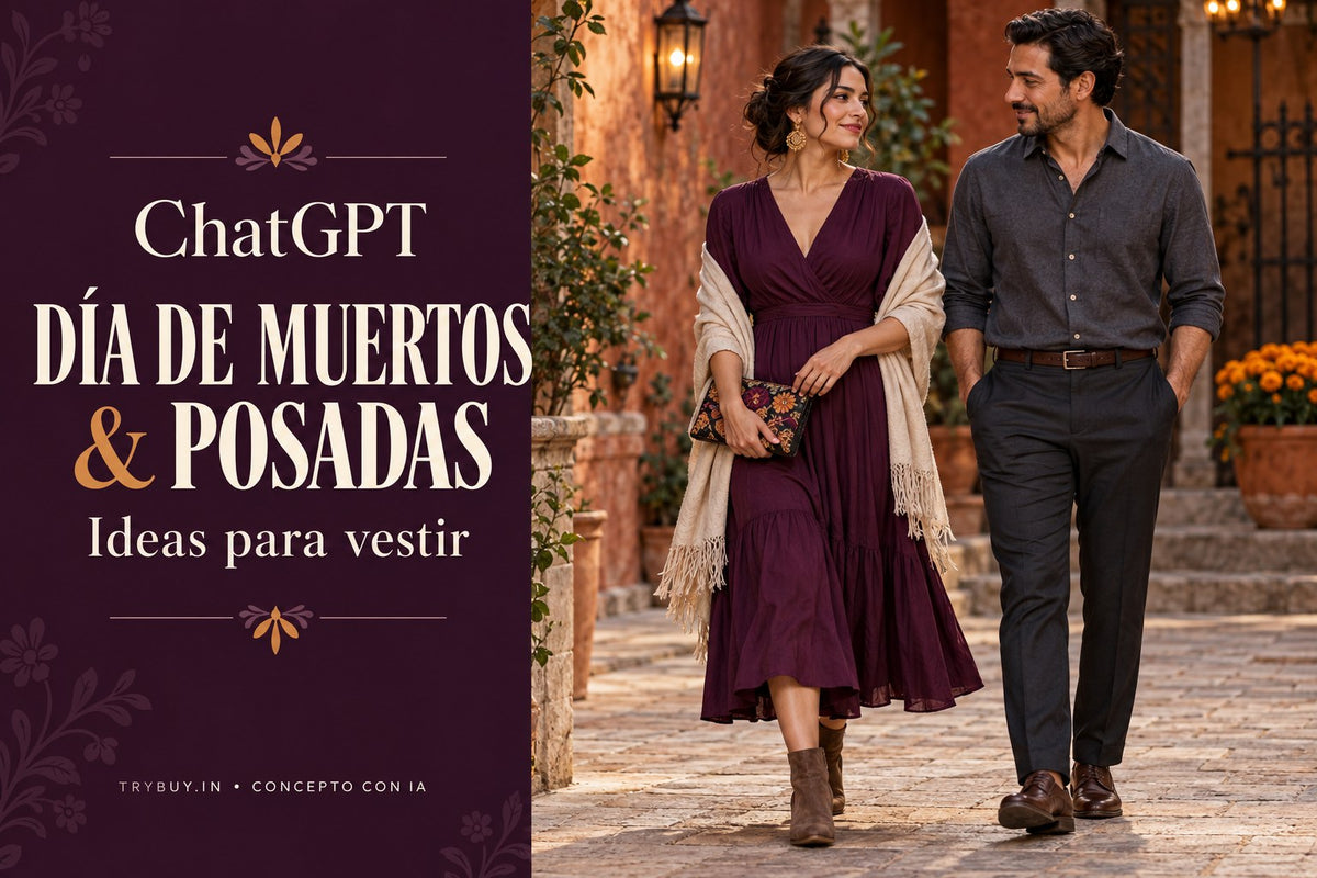 AI-generated adult guests in a plum dress and charcoal shirt beside Spanish text about Día de Muertos and posadas.