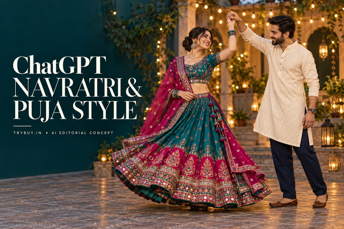 AI-generated adult couple in teal festive attire and an ivory kurta beside the title ChatGPT Navratri & Puja Style.