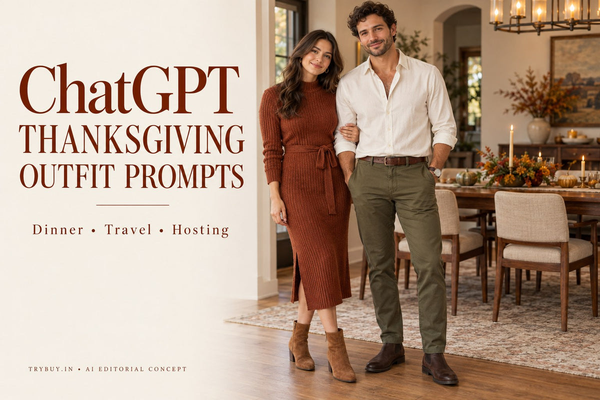 AI-generated adults in a rust dress and cream shirt with olive trousers beside ChatGPT Thanksgiving Outfit Prompts.