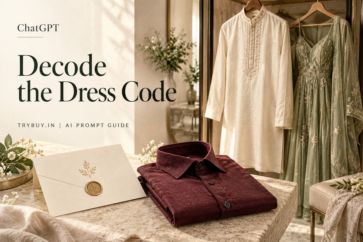 ChatGPT-generated editorial cover reading Decode the Dress Code, with a wedding envelope, burgundy shirt, ivory kurta and sage dress; fictional garments.
