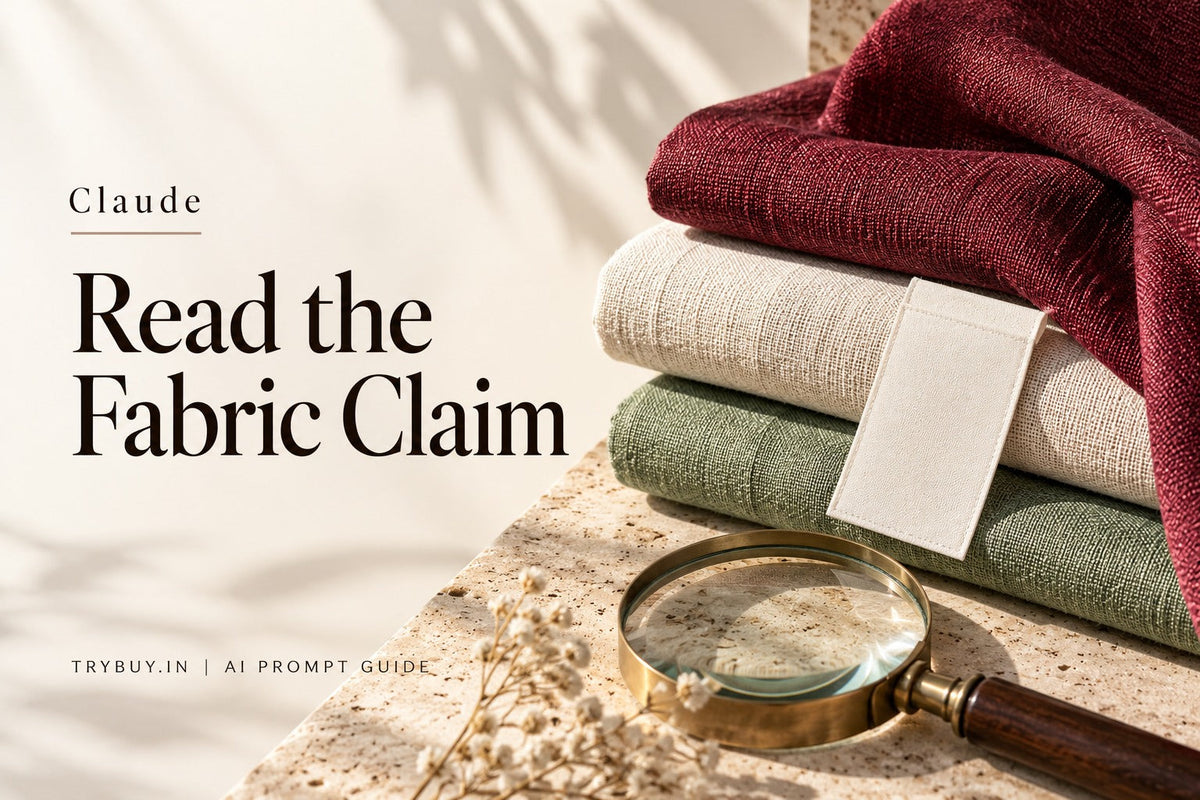 ChatGPT-generated editorial cover reading Claude — Read the Fabric Claim, with burgundy, cream and sage textile swatches, blank label and magnifying lens.
