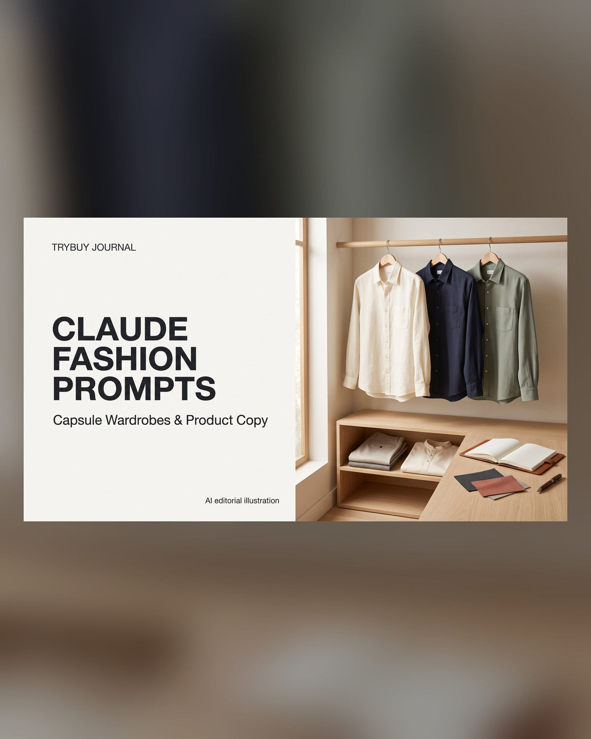 AI-generated Claude Fashion Prompts cover with Capsule Wardrobes and Product Copy text, an organised shirt wardrobe and writing notebook.
