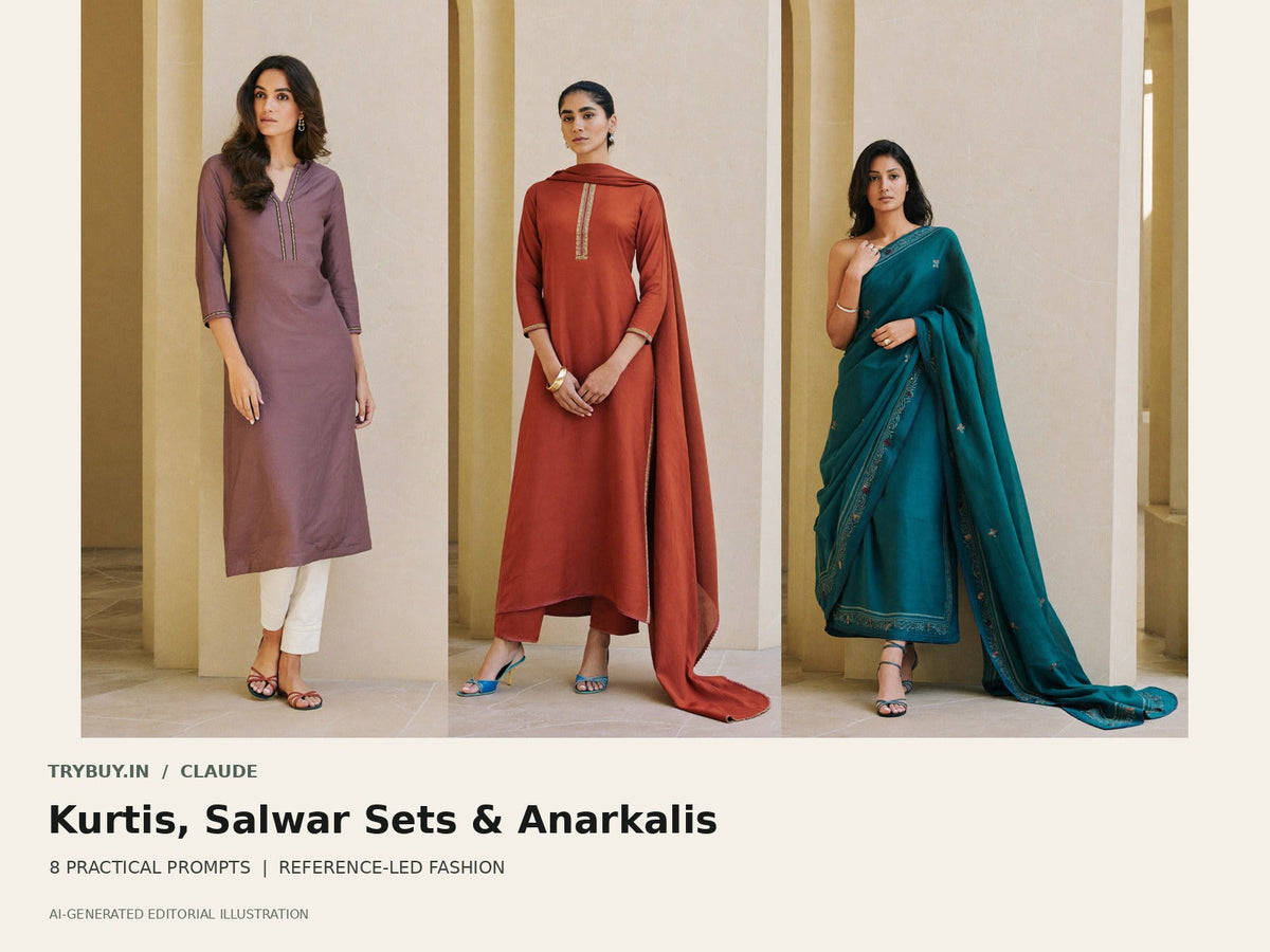 Claude Kurtis, Salwar Sets and Anarkalis cover with AI-generated illustrative outfits, not images produced by Claude.