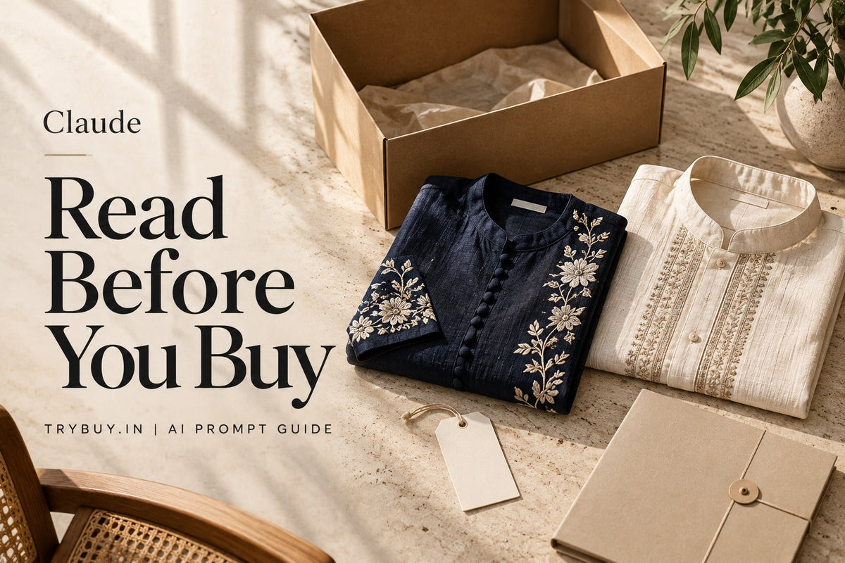 ChatGPT-generated editorial cover reading Claude — Read Before You Buy, with navy and ivory garments, an open parcel and blank tag; fictional clothing.