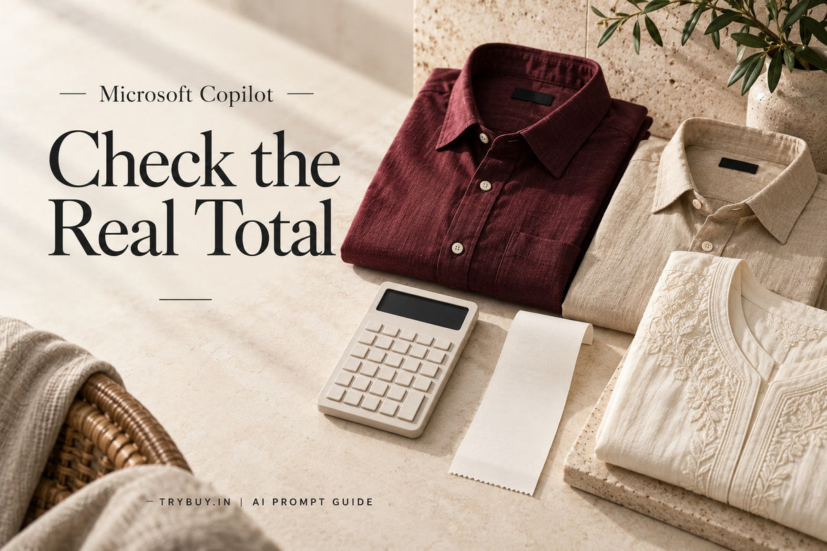 ChatGPT-generated cover reading Microsoft Copilot — Check the Real Total, with folded shirts, an ivory blouse, blank calculator display and unprinted receipt.