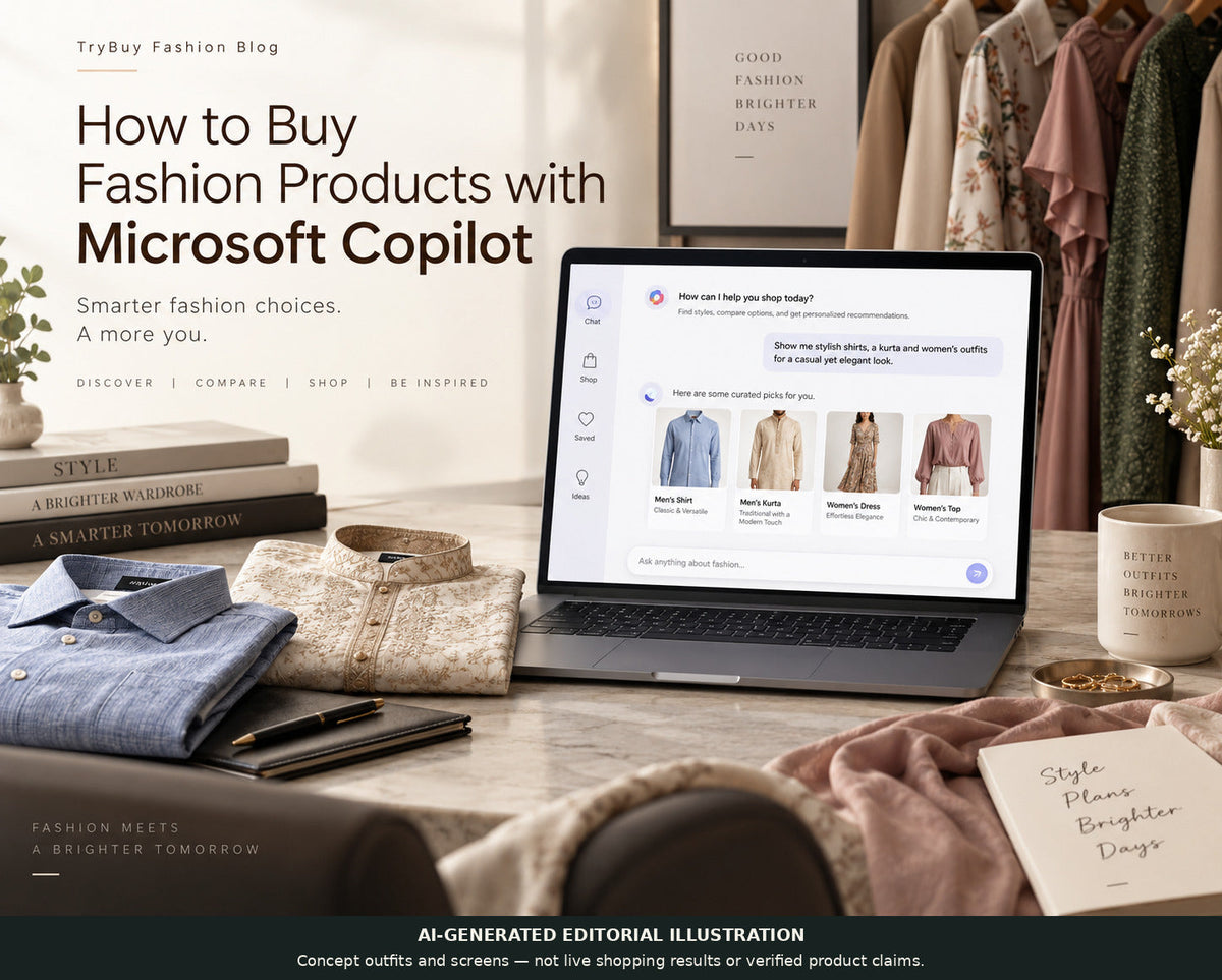 Microsoft Copilot fashion-shopping cover with an illustrated laptop and folded garments; a fictional interface, not live product data.