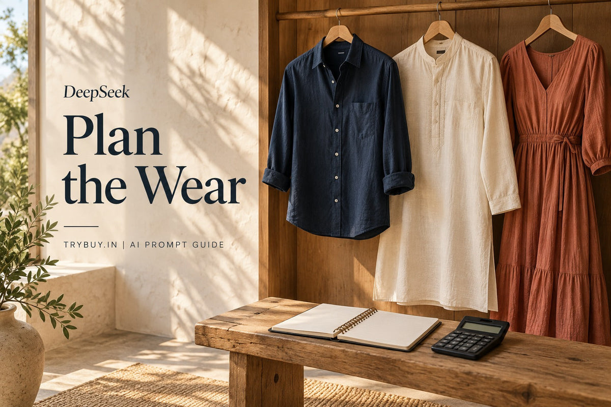 ChatGPT-generated editorial cover reading DeepSeek — Plan the Wear, with a navy shirt, ivory kurta, rust dress, planner and calculator; fictional clothing.