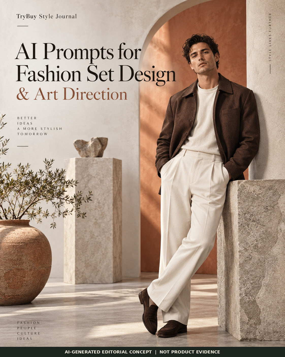 AI-generated Fashion Set Design and Art Direction cover with a model, terracotta arch, pale stone plinths and a large ceramic vase.