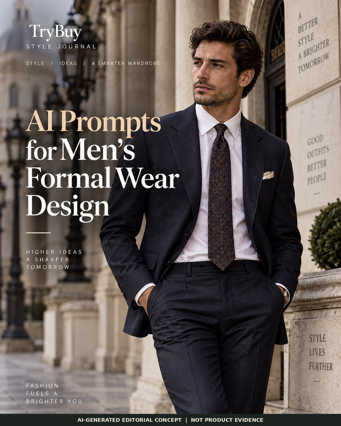 AI-generated Men's Formal Wear Design cover showing a model in a navy suit, white shirt and patterned tie beside stone architecture.