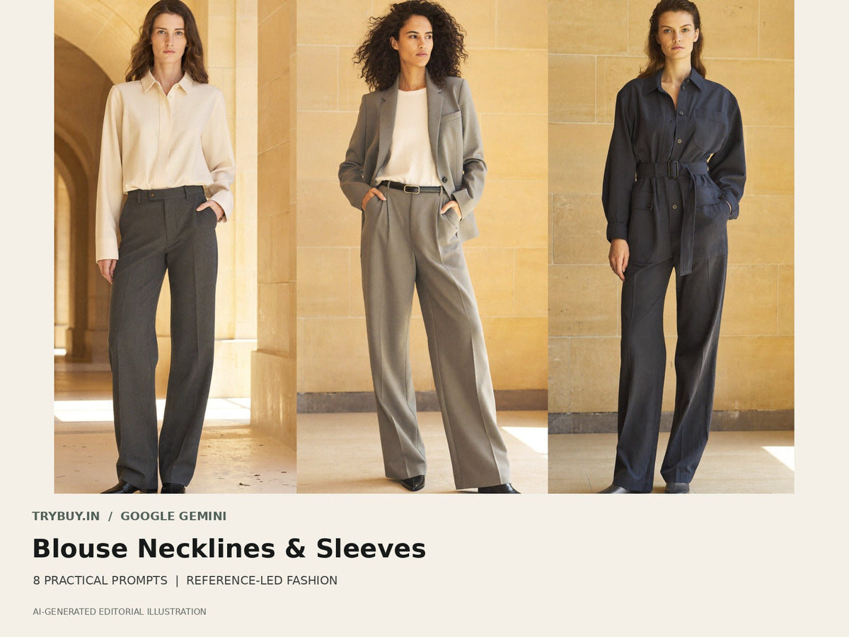 Google Gemini Blouse Necklines and Sleeves prompt guide with AI-generated women's outfit concepts.