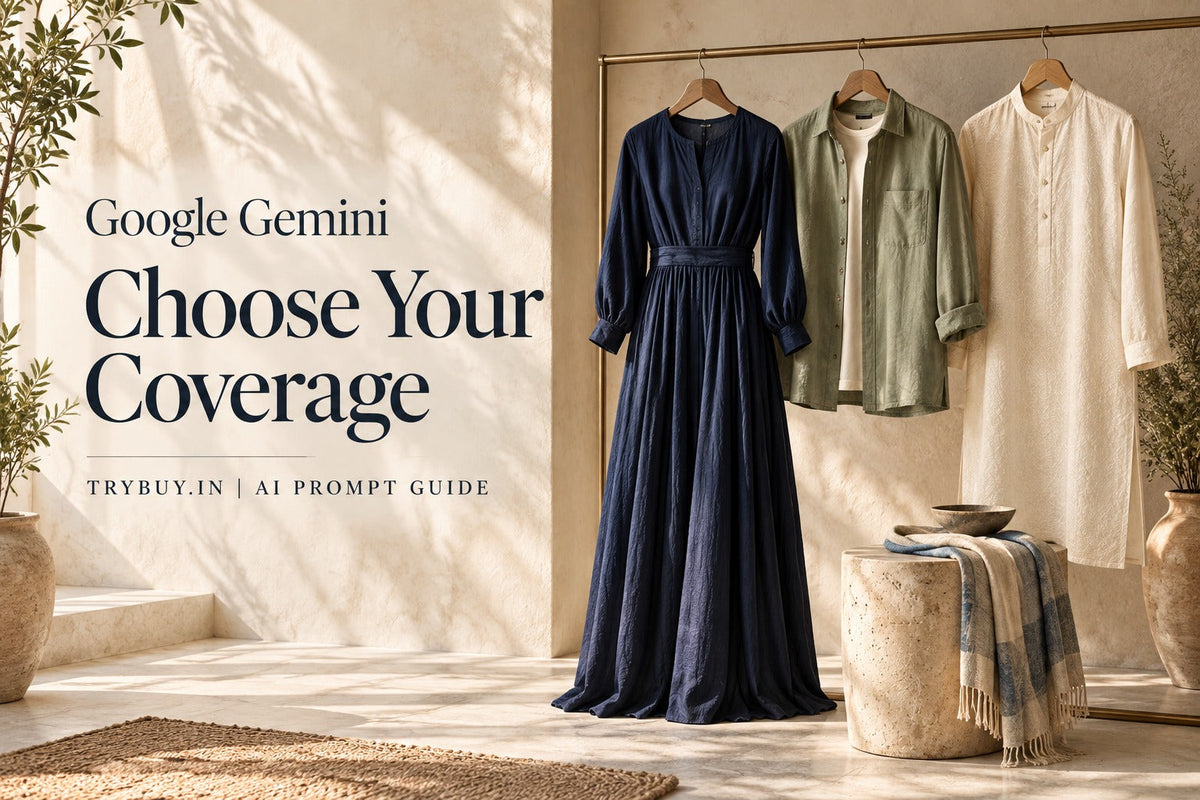 ChatGPT-generated cover reading Google Gemini — Choose Your Coverage, beside a navy dress, sage overshirt and ivory kurta on a rail; illustrative garments.