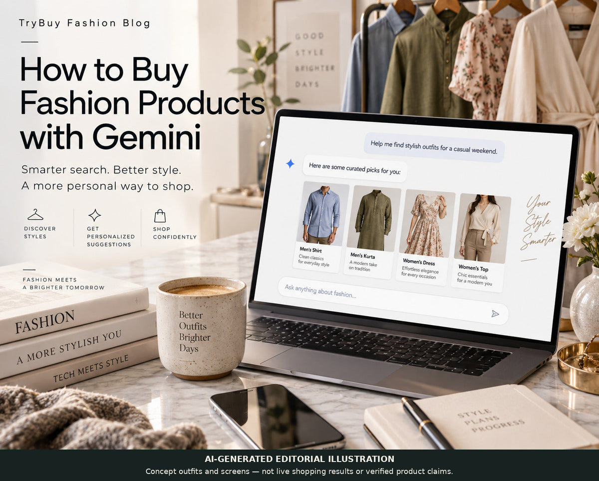 Google Gemini fashion-shopping guide with a fictional shopping screen and clothing rack; labelled AI-generated editorial illustration.