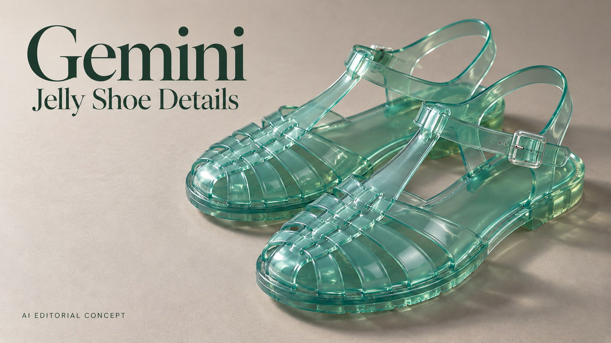 Gemini — Jelly Shoe Details; IA-generated fictional adult-fashion editorial concept