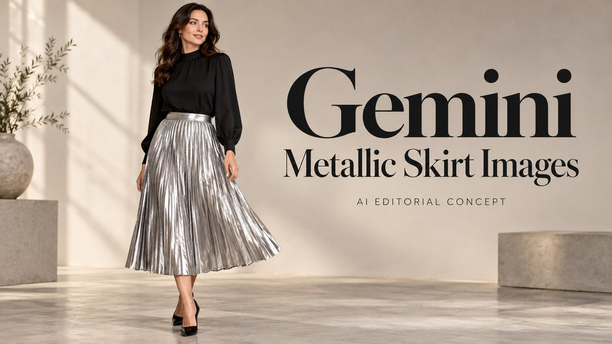 Gemini — Metallic Skirt Images; AI-generated fictional fashion editorial concept