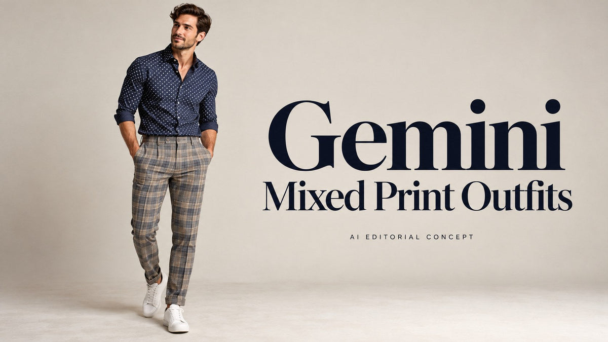 Gemini — Mixed Print Outfits; AI-generated fictional fashion editorial concept