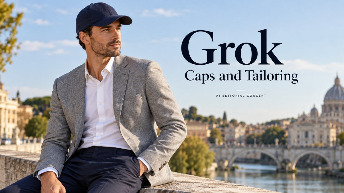 Grok — Caps and Tailoring; AI-generated fictional adult-fashion editorial concept