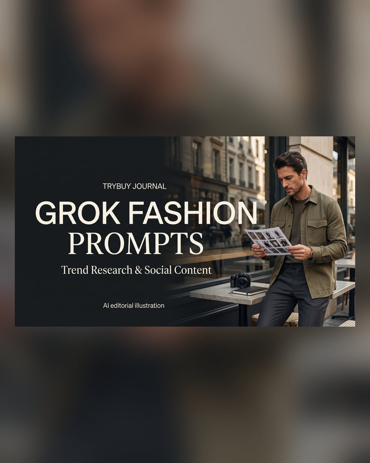 AI-generated Grok Fashion Prompts cover with Trend Research and Social Content text and a fashion creator reviewing outfit photographs.