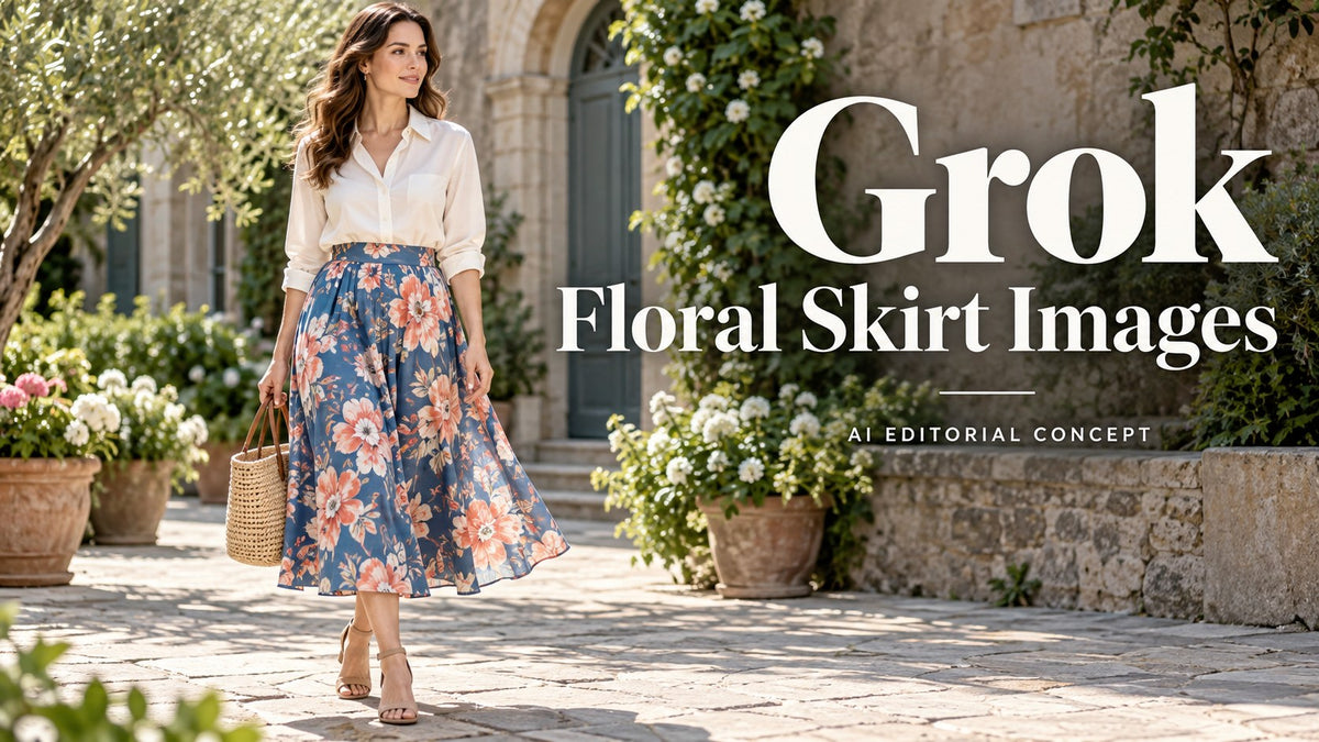 Grok — Floral Skirt Images; AI-generated fictional fashion editorial concept