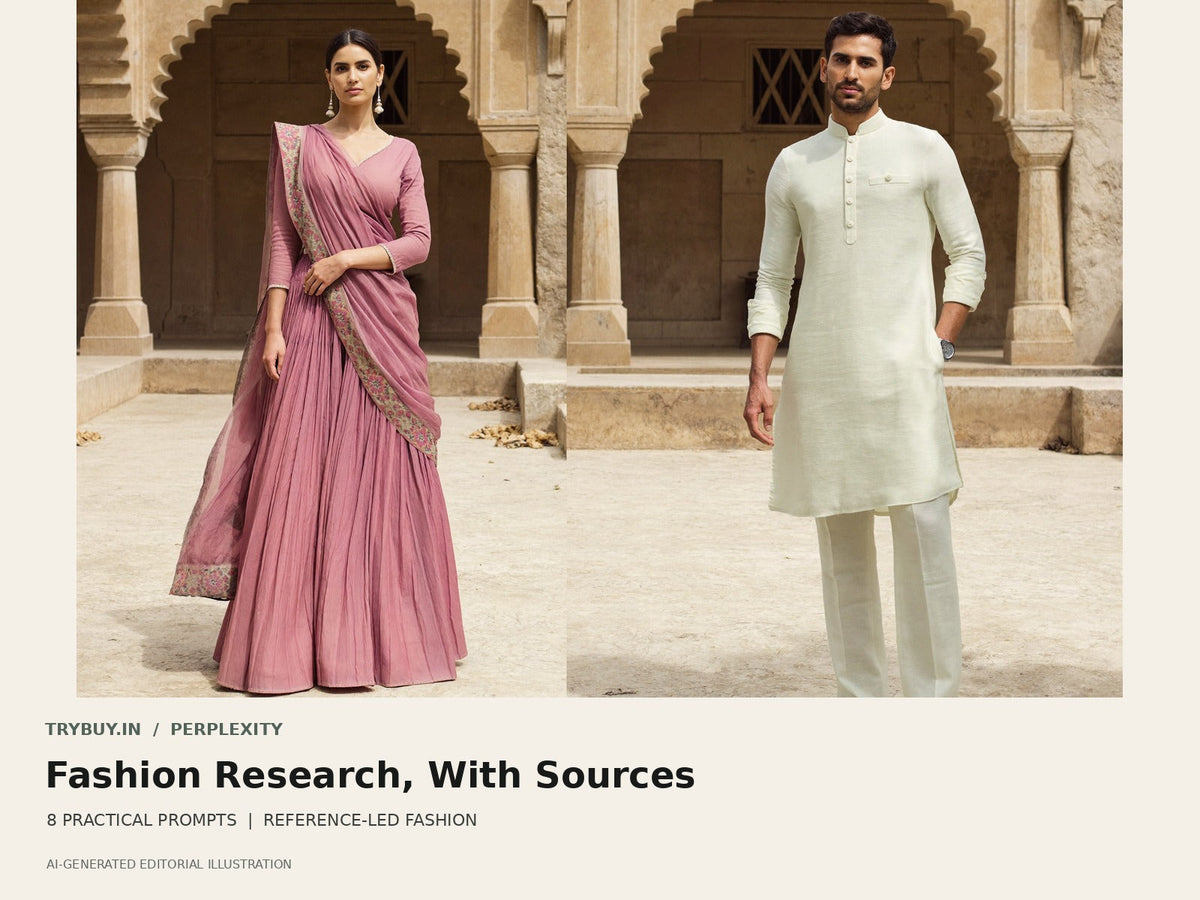 Perplexity Fashion Research, With Sources cover with a clearly illustrative AI-generated ethnicwear scene.