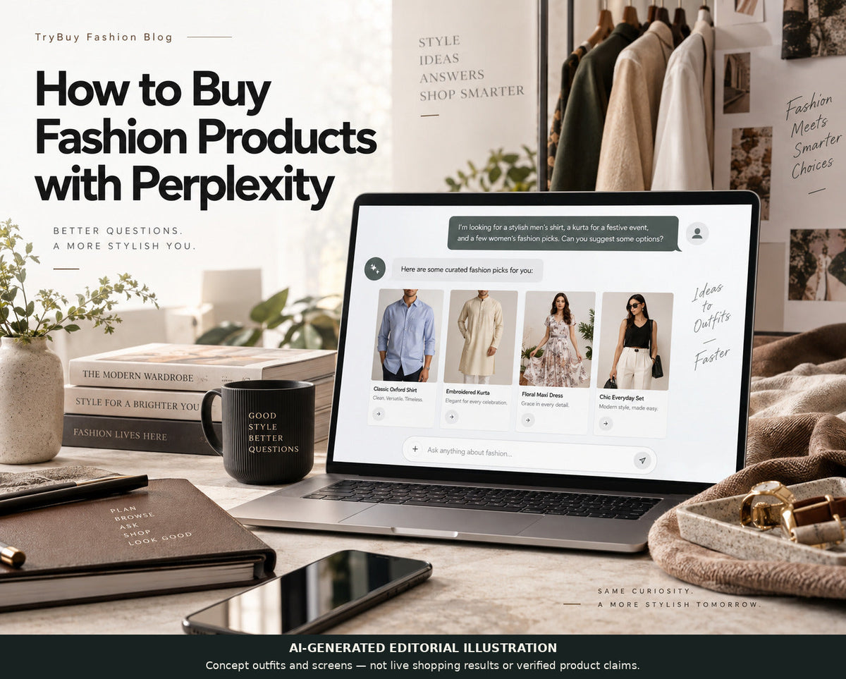 Perplexity fashion-shopping guide illustrated with a laptop and fictional outfit cards; not actual recommendations, prices or a checkout demonstration.
