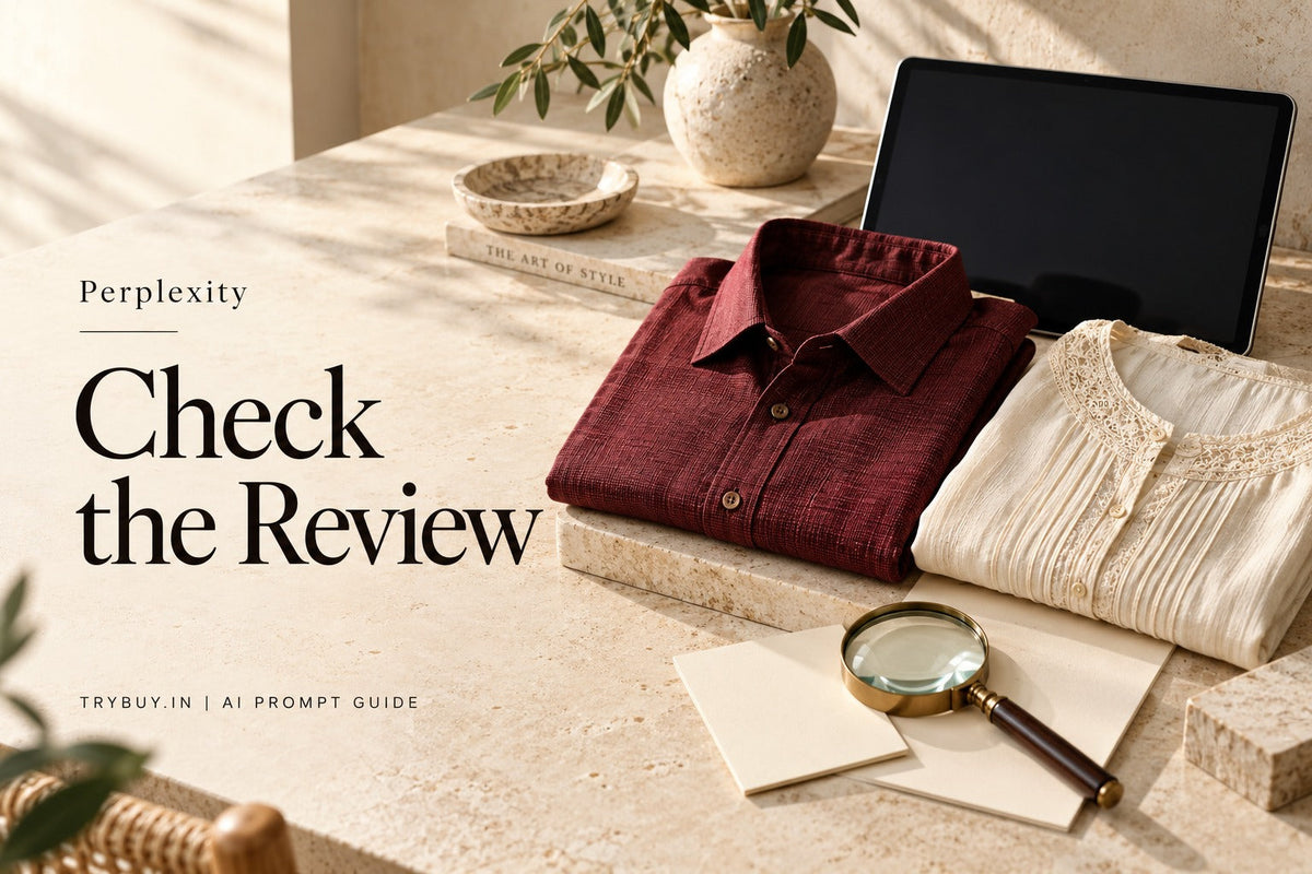 ChatGPT-generated editorial cover reading Perplexity — Check the Review, with folded clothing, blank tablet, note cards and magnifying glass; not actual reviews.