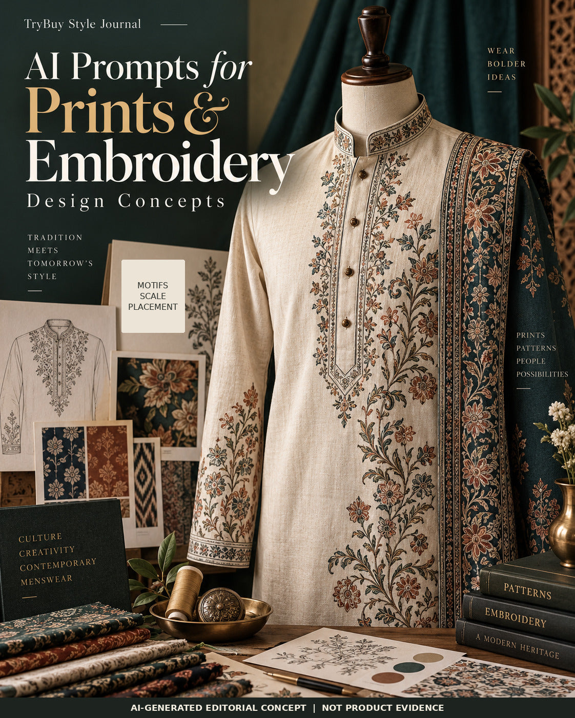 AI-generated Prints and Embroidery Design Concepts cover with an ivory floral kurta on a dress form, swatches and motif sketches.