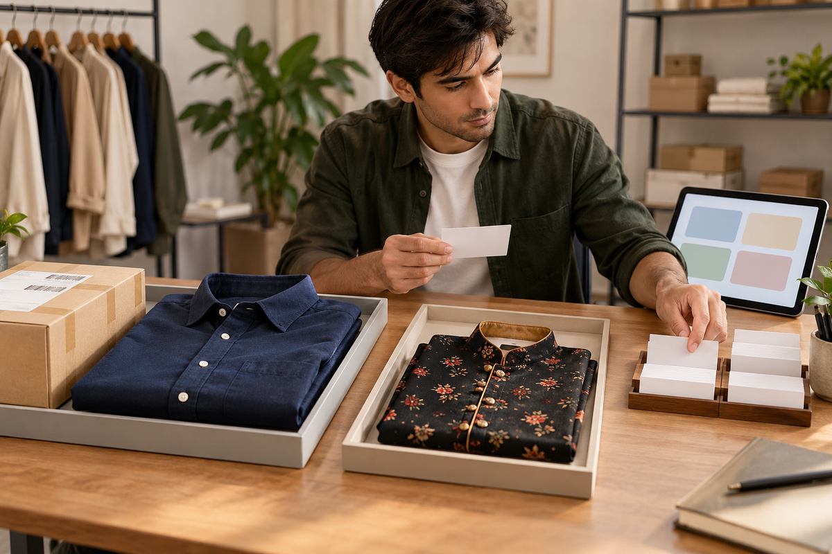 AI-generated editorial concept: a reviewer sorts feedback cards beside separately arranged shirt and kurta reference items.