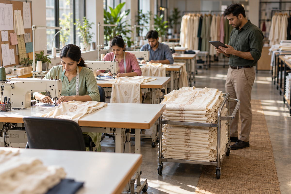 AI-generated editorial concept: a garment supervisor reviews workstations and stacked kurta bundles in a conceptual sewing workshop.