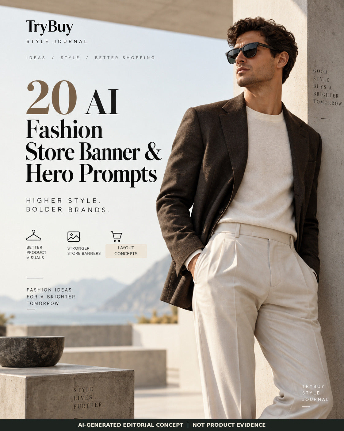 AI-generated cover titled 20 AI Fashion Store Banner and Hero Prompts, with a menswear model on the right and layout labels on the left.