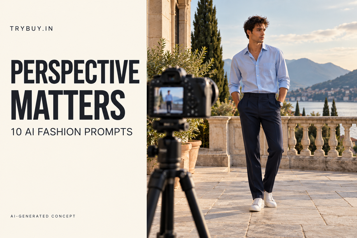 AI-generated cover reading "PERSPECTIVE MATTERS": a camera setup and full-length menswear model illustrate controlled perspective.