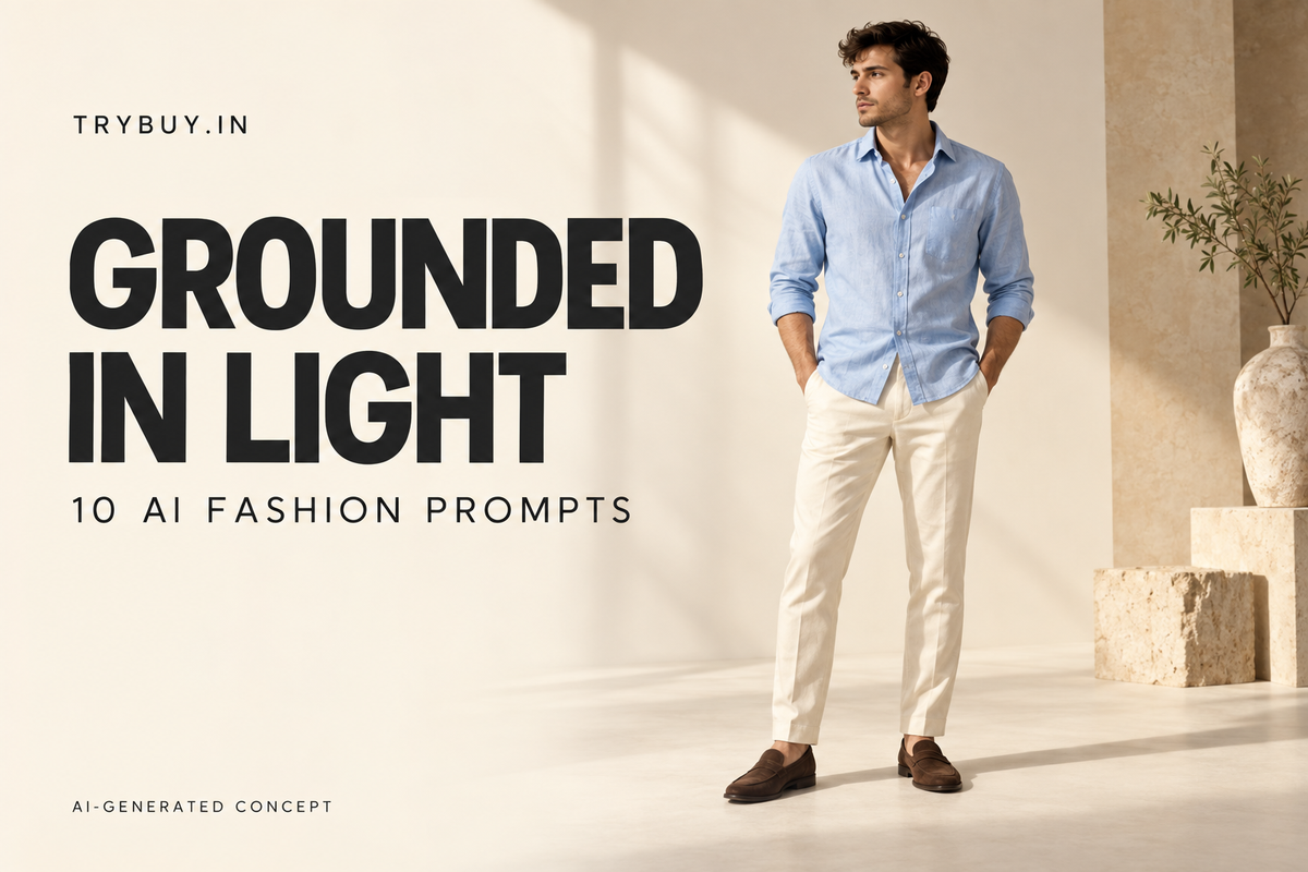 AI-generated cover reading "GROUNDED IN LIGHT": a menswear model stands on a studio floor with soft shadows beneath his shoes.