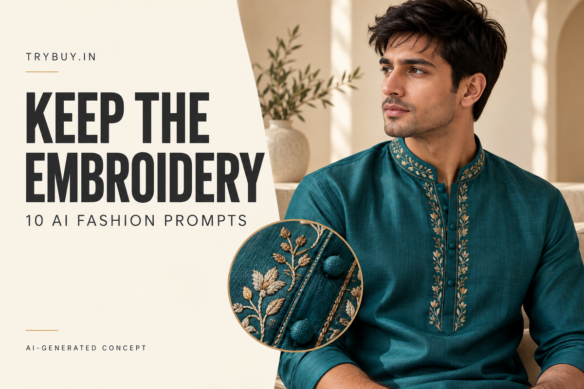 AI-generated cover reading "KEEP THE EMBROIDERY": teal kurta and stitch close-up illustrate embroidery-placement review.