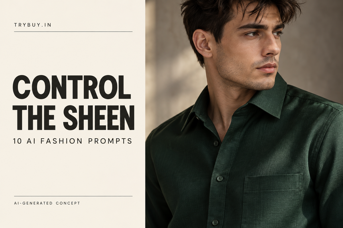 AI-generated cover reading "CONTROL THE SHEEN": a green shirt detail illustrates restrained highlights and visible fabric texture.