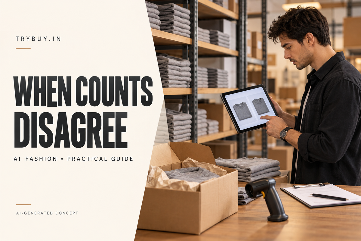 AI-generated cover reading "WHEN COUNTS DISAGREE": a stock reviewer checks folded shirts against scan records.