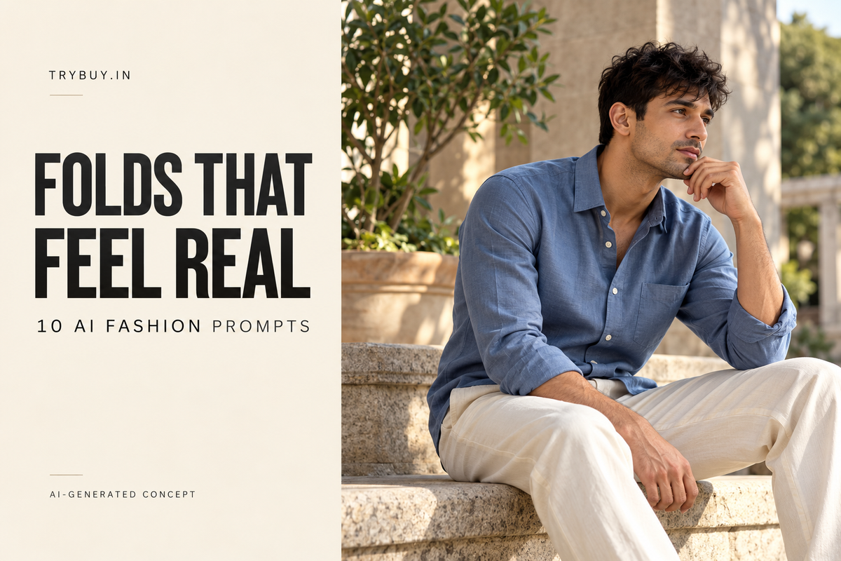 AI-generated cover reading "FOLDS THAT FEEL REAL": a seated model's blue shirt shows natural folds at the elbow and waist.