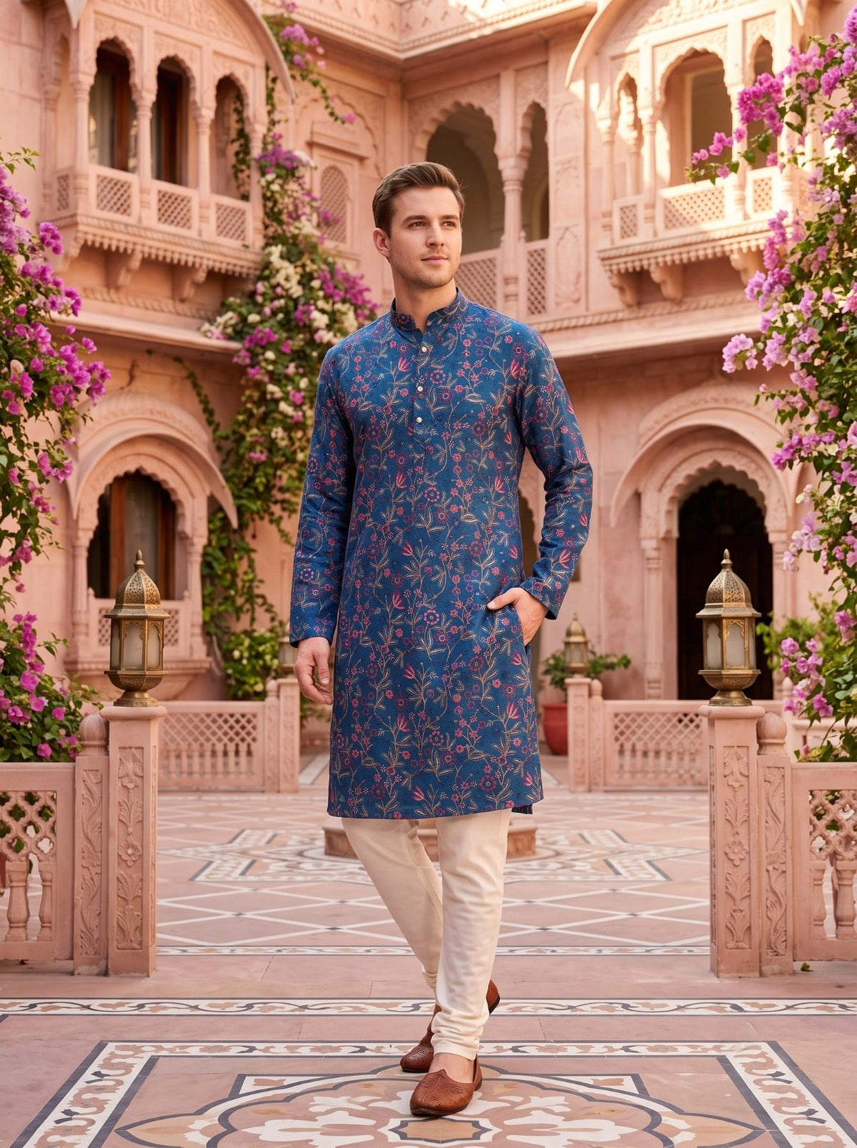 Men’s Teal Blue All-Over Floral Embroidered Cotton Blend Kurta