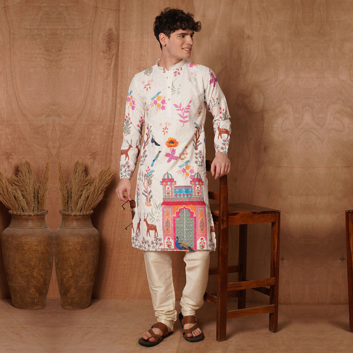 Men's cream kurta with a multicolour print