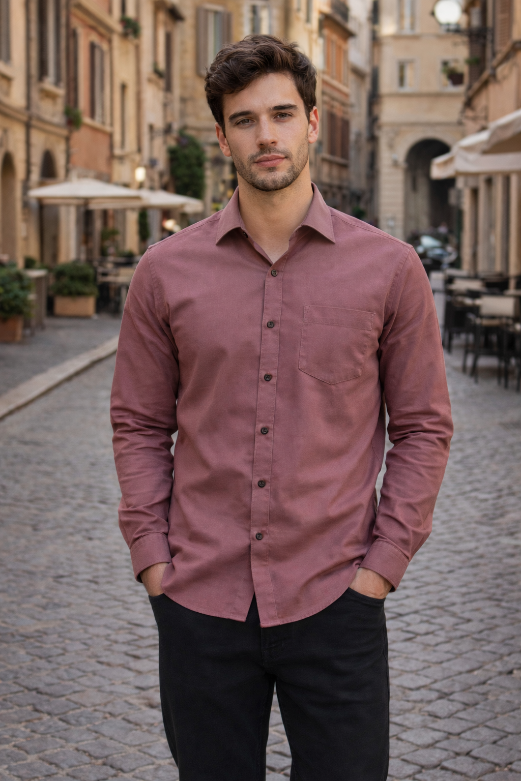 Men Mauve Solid Spread Collar Slim Fit Casual Shirt