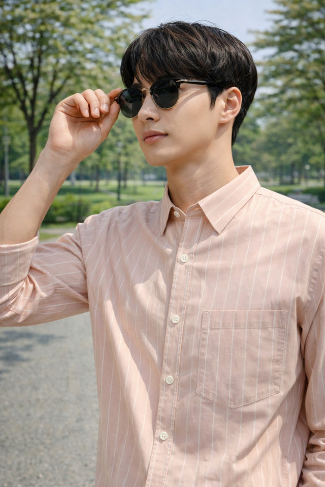 Mens Light Pink Striped Slim Fit Casual Shirt
